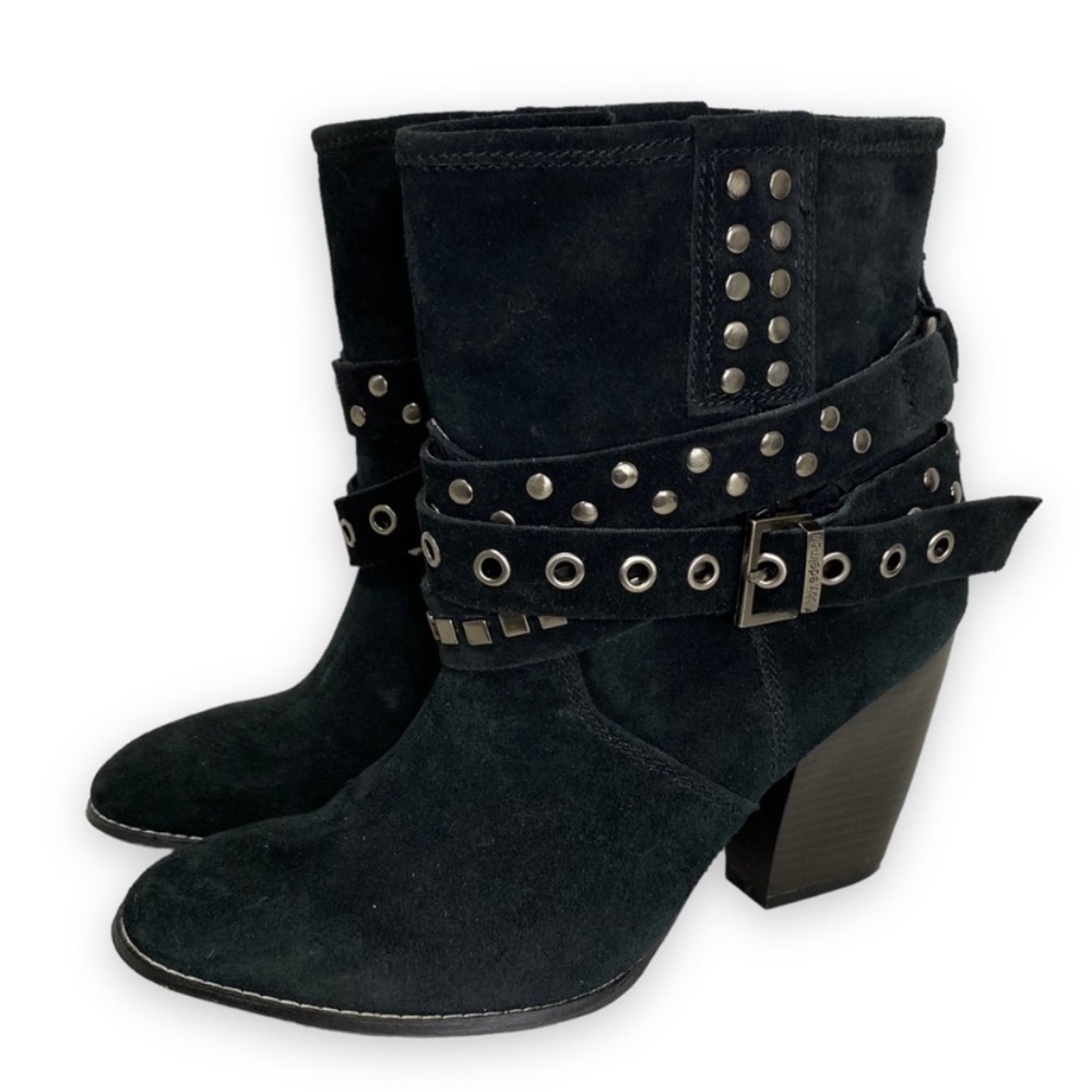 libby Edelman - Black Suede STudded Wrap Buckle Heeled Boot - Size 9.5 China - Picture 4 of 13
